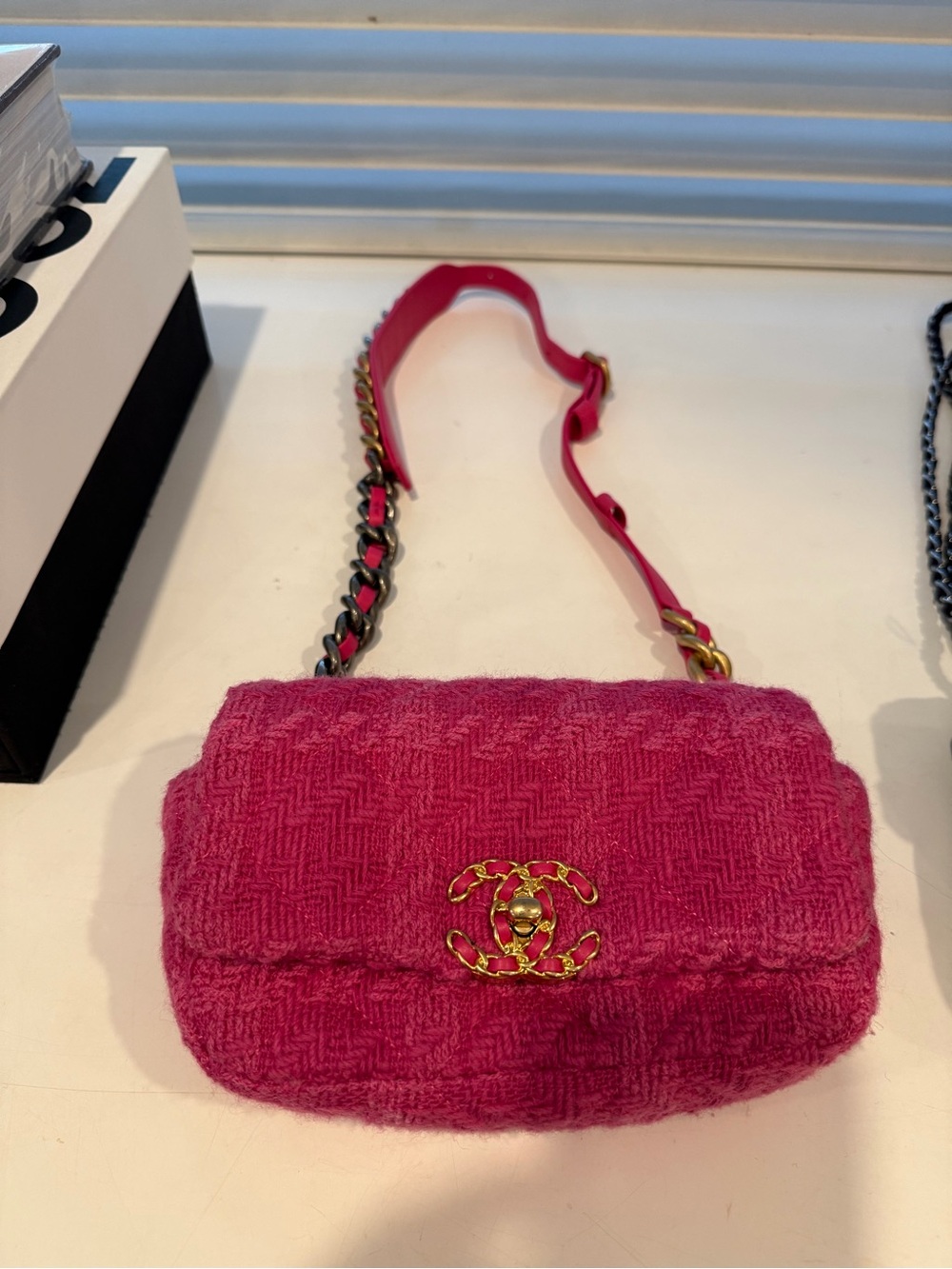 CHANEL Hot Pink Tweed Mini Flap Bag with Gold CC